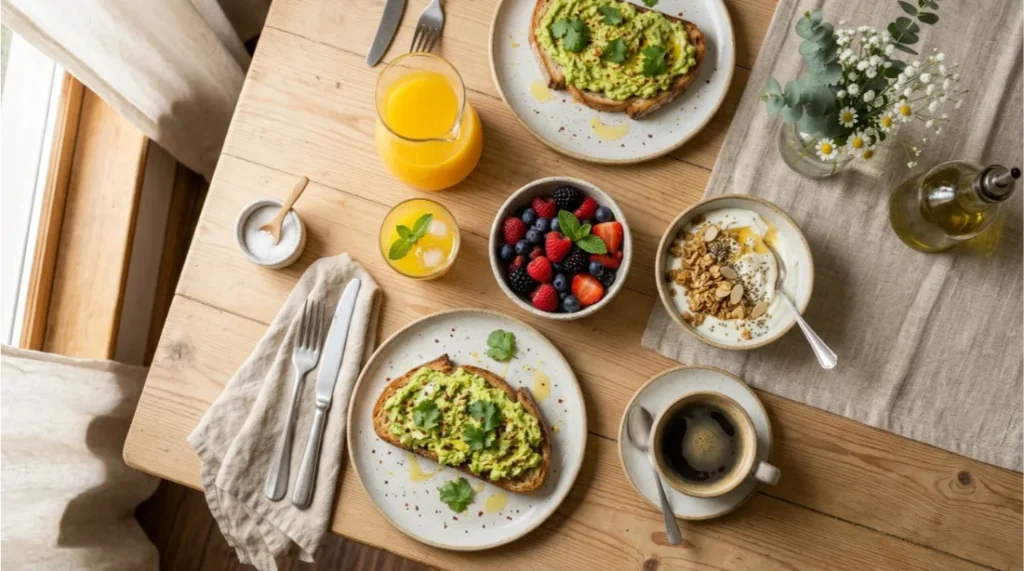 Healthy Sunday breakfast with fresh fruit and coffee