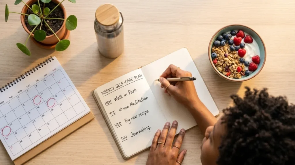 Woman planning a weekly self-care routine in a journal