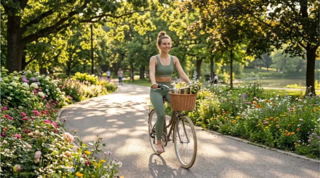 Woman cycling through a peaceful park on Sunday