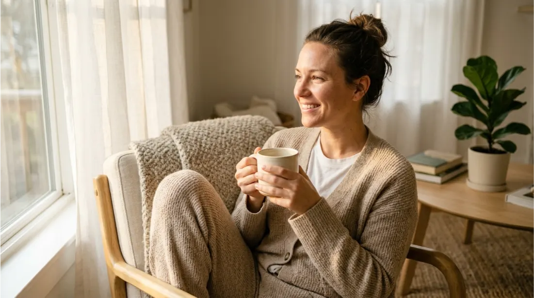 woman enjoying a peaceful Saturday morning with coffee at home