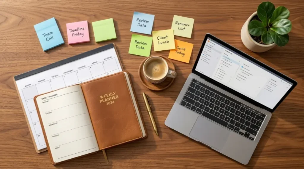 Weekly planner with calendar and colorful notes