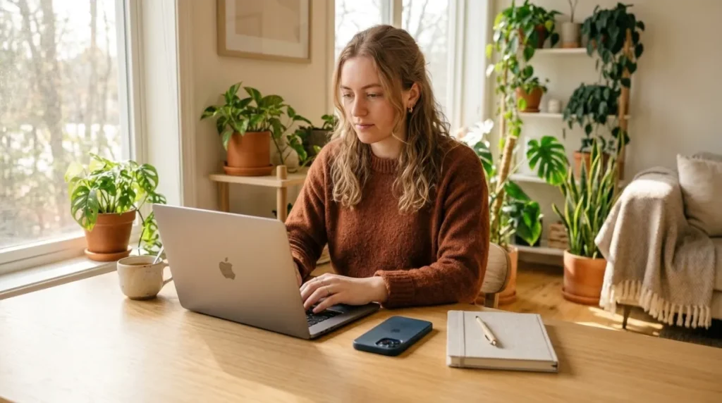 Person using technology mindfully while maintaining a healthy work-life balance