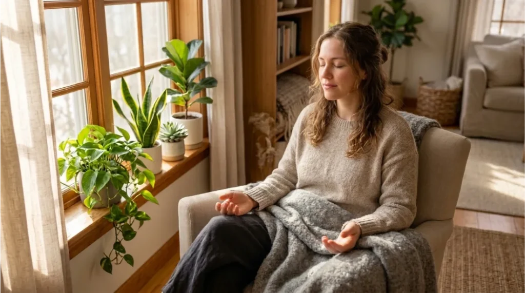 Person sitting quietly practicing mindfulness and emotional self-care