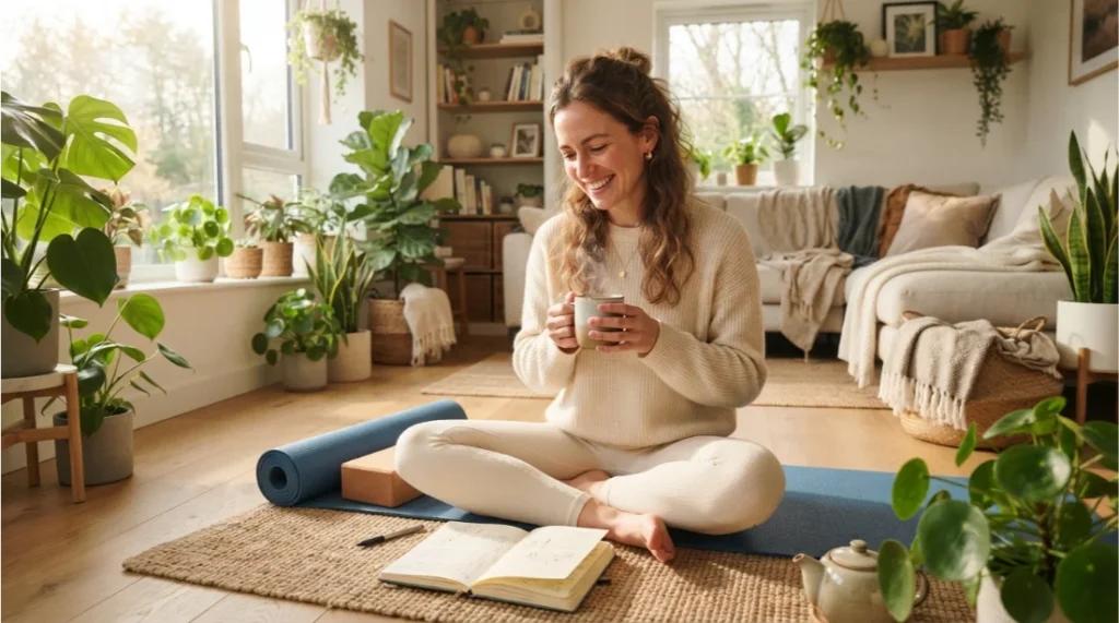 Person practicing simple daily self-care habits at home