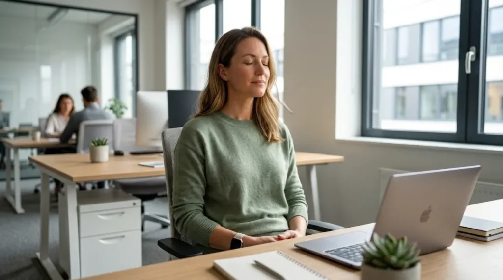 Busy professional taking a mindful break during a stressful workday