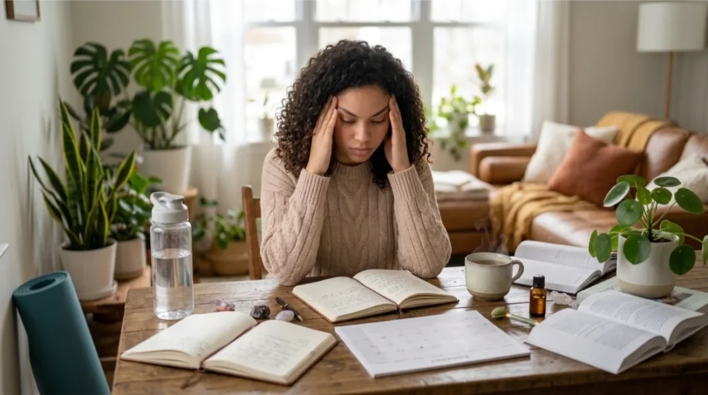 Person feeling stressed while trying to manage too many wellness habits