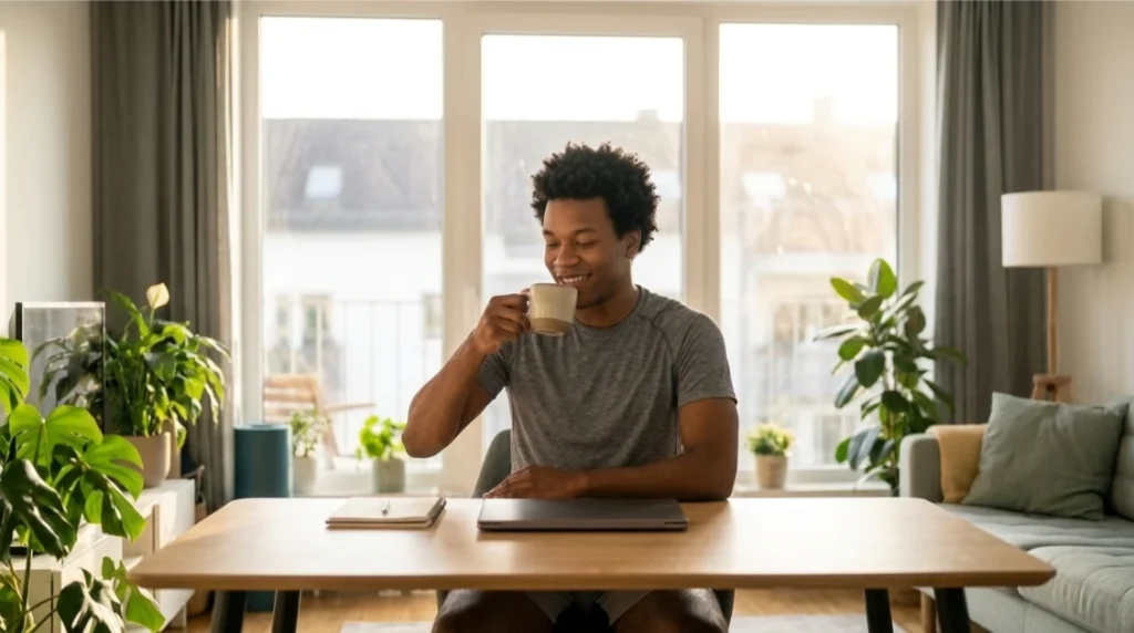 Man taking a mindful break from work to reduce stress