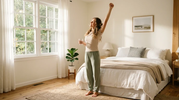 Woman drinking water and stretching in a sunlit bedroom