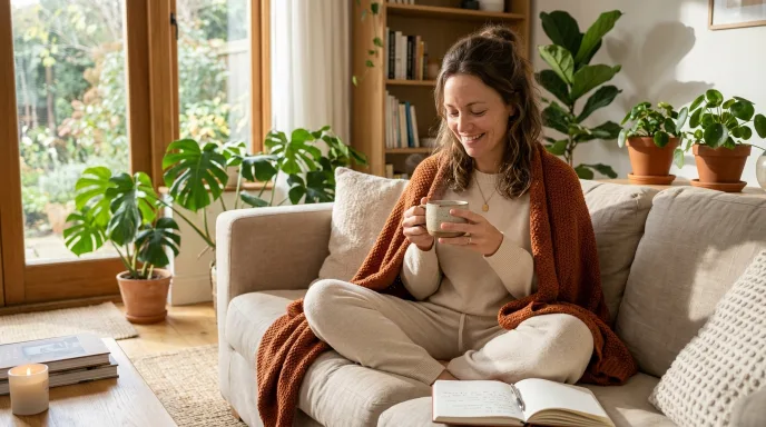 Woman looking relaxed while practicing self-care