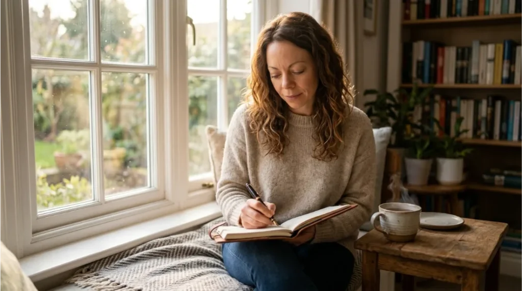 Woman practicing emotional self-care by writing in a journal