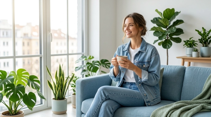 Woman practicing mindfulness at home | LaxiBoost Wellness