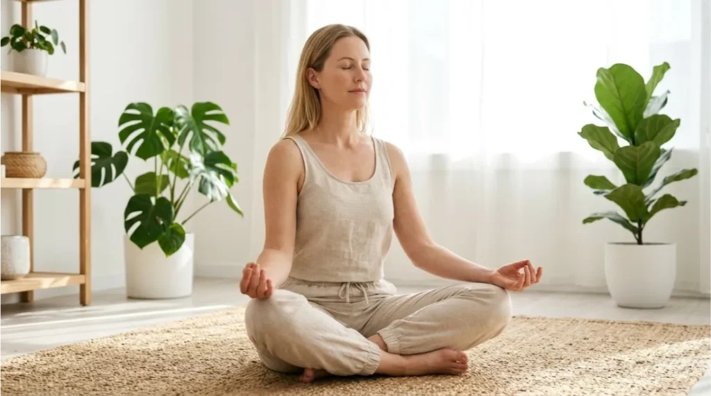 Woman practicing mindfulness meditation at home