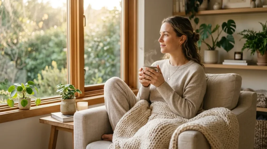 Adult relaxing at home with a warm cup of herbal tea