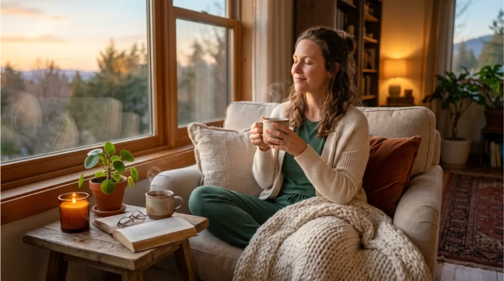 Woman relaxing in the evening with a warm cup of herbal tea
