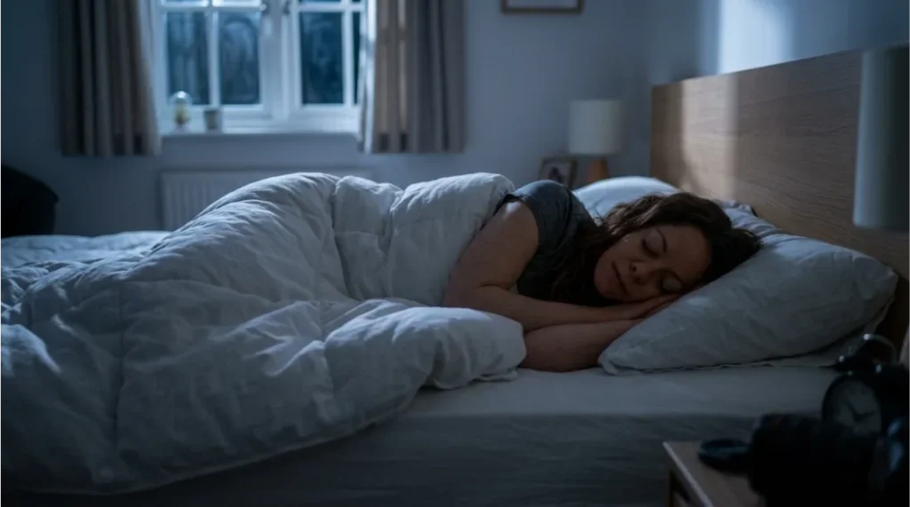 Woman sleeping peacefully in a comfortable bedroom