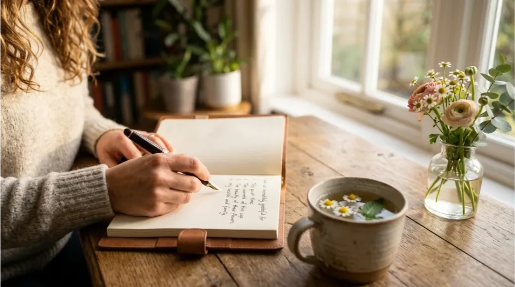 Woman writing a daily gratitude journal
