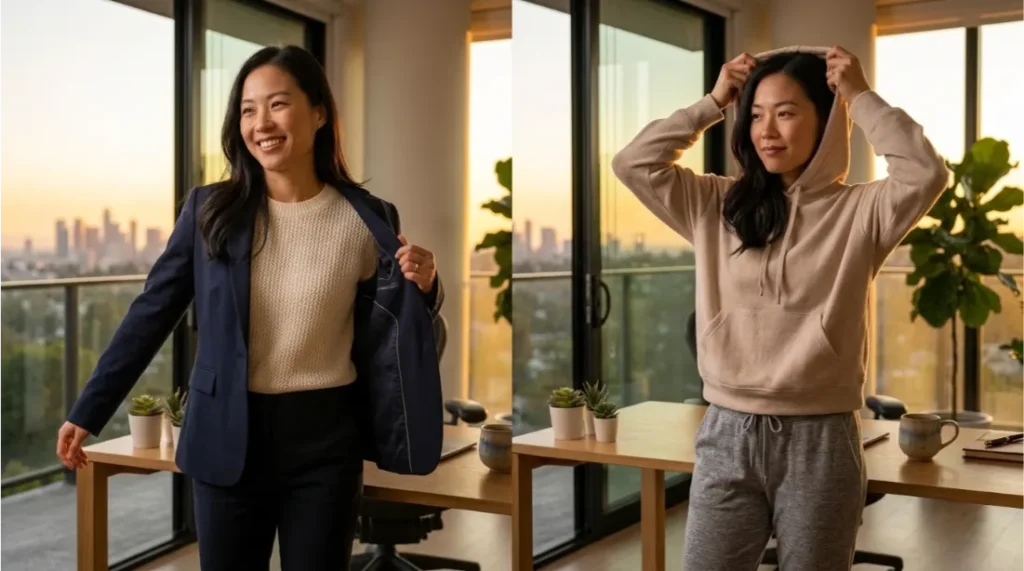Professional changing from work mode to home life after office hours