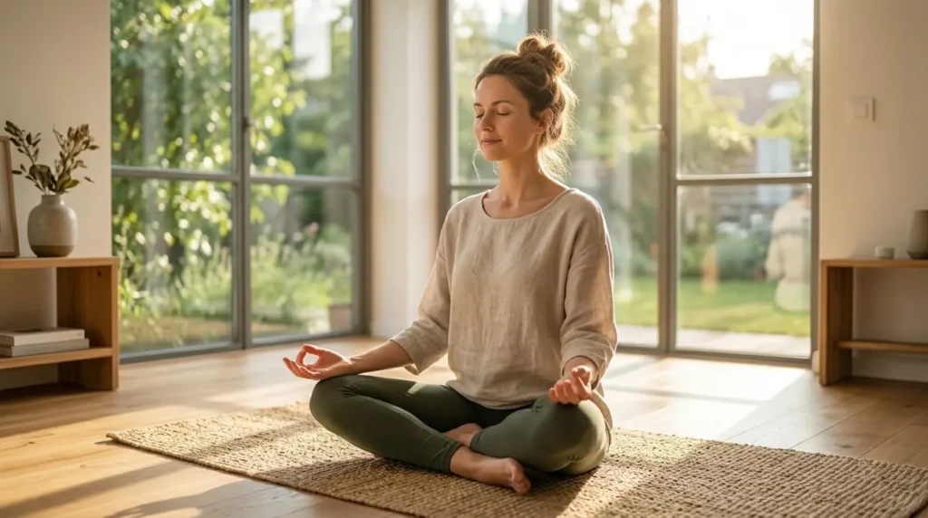 Woman practicing diaphragmatic breathing to reduce stress naturally