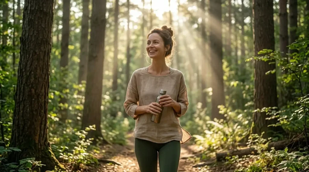 Woman enjoying a relaxing walk in nature to relieve stress