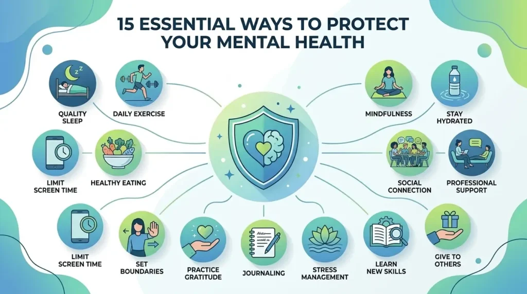 Healthy lifestyle infographic with daily habits that improve mental health
