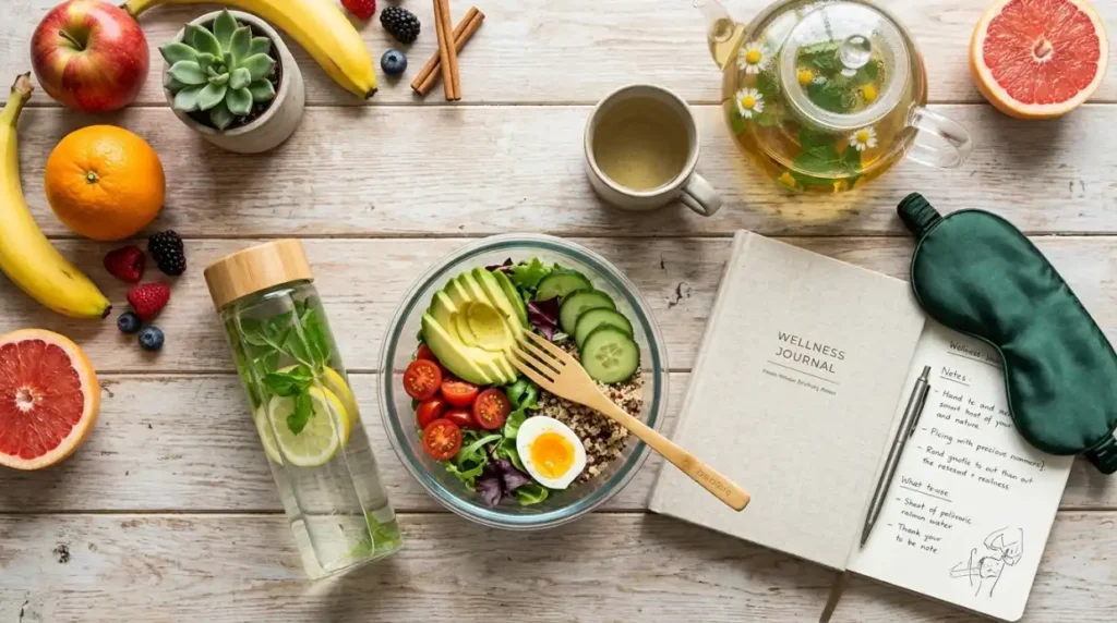 Healthy foods, water, sleep, and wellness habits for stress management