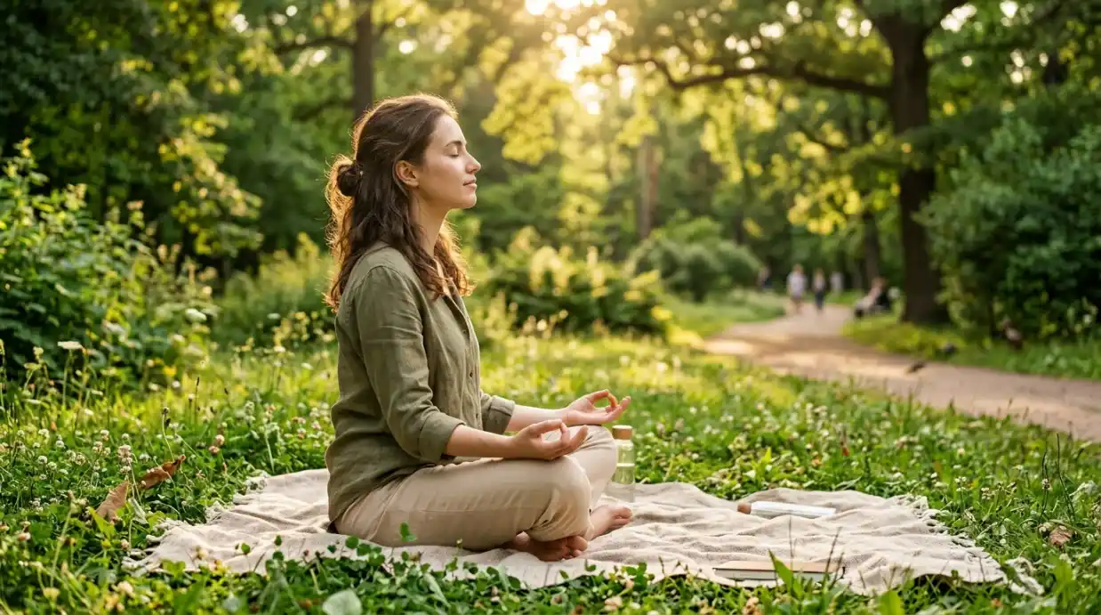 Woman relaxing outdoors while practicing natural stress relief techniques