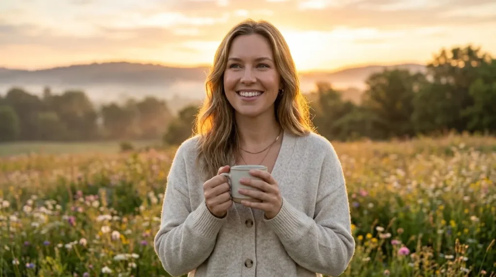 Happy woman living a calm and balanced stress-free lifestyle