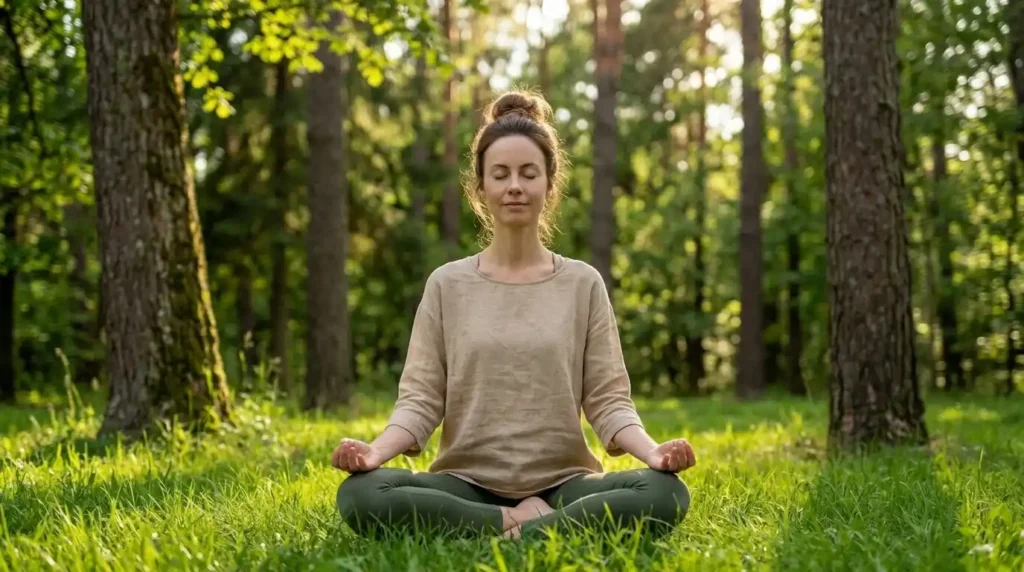 Woman relaxing in a beautiful green park to reduce stress