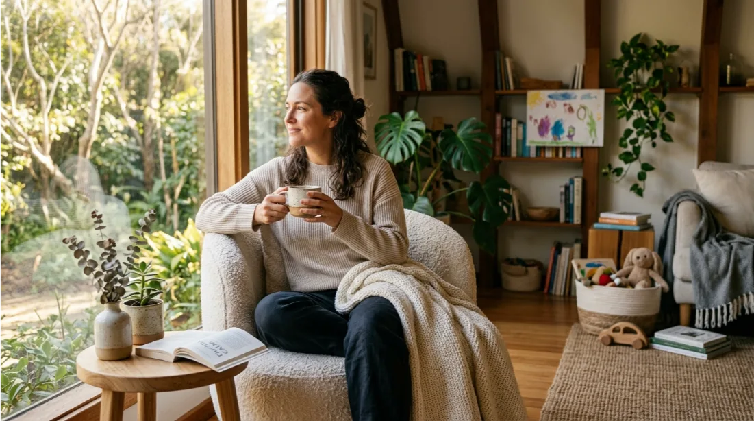 Parent taking a peaceful self-care break at home to support mental wellness.