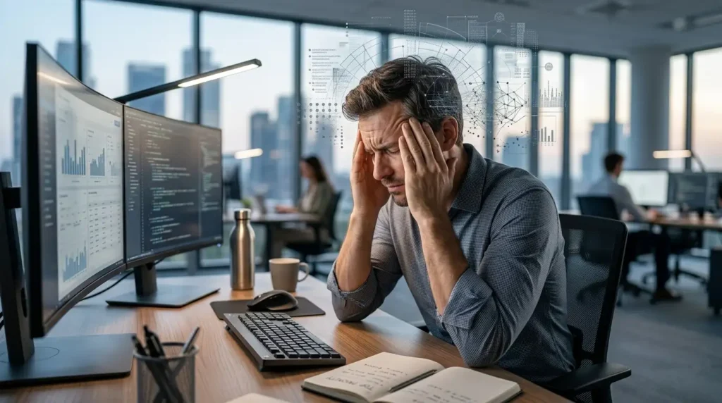 Person feeling overwhelmed with visual representation of stress affecting mind and body